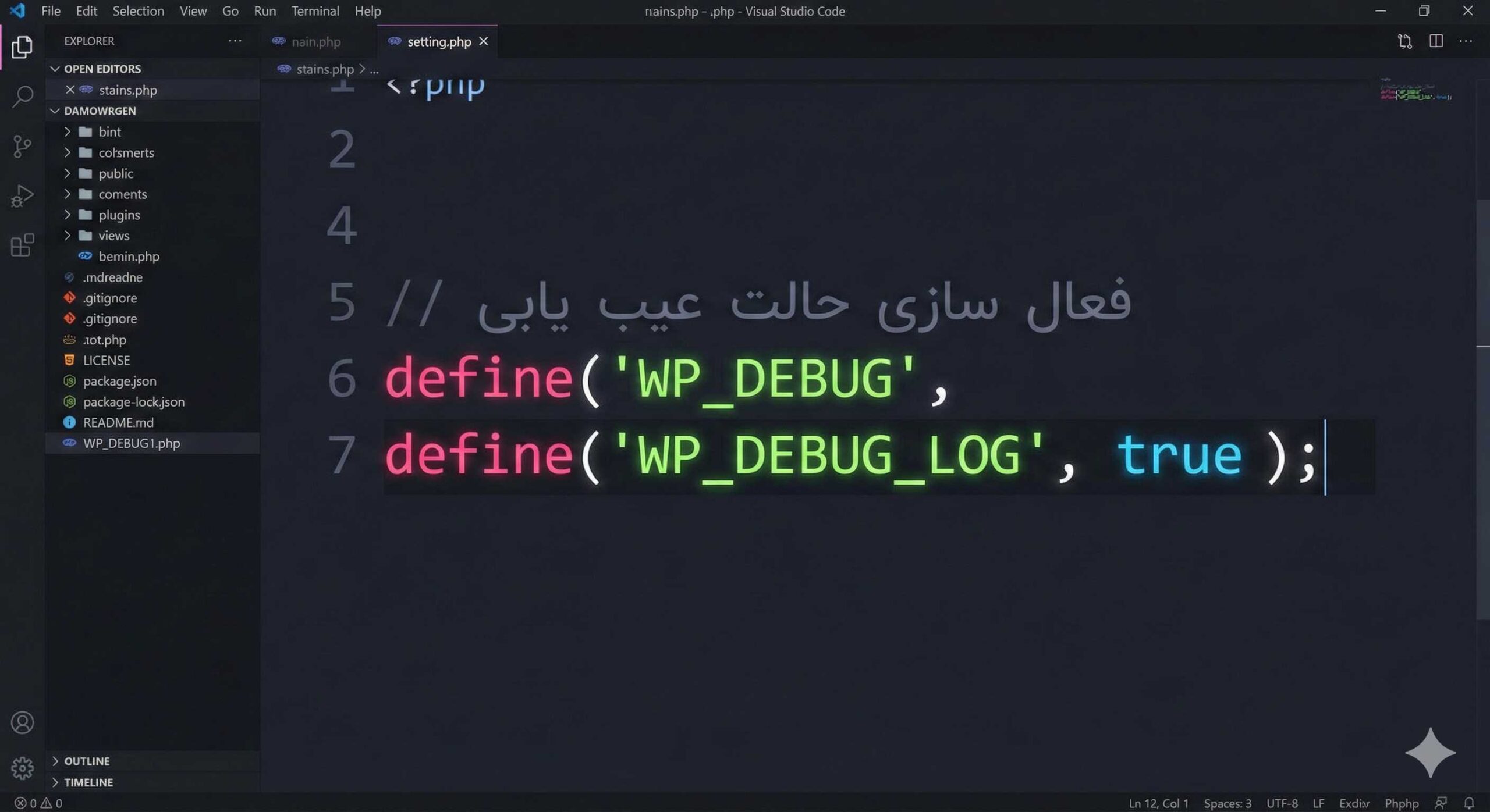 گام دوم: فعالسازی دیباگ (چشم بصیرت وردپرس)